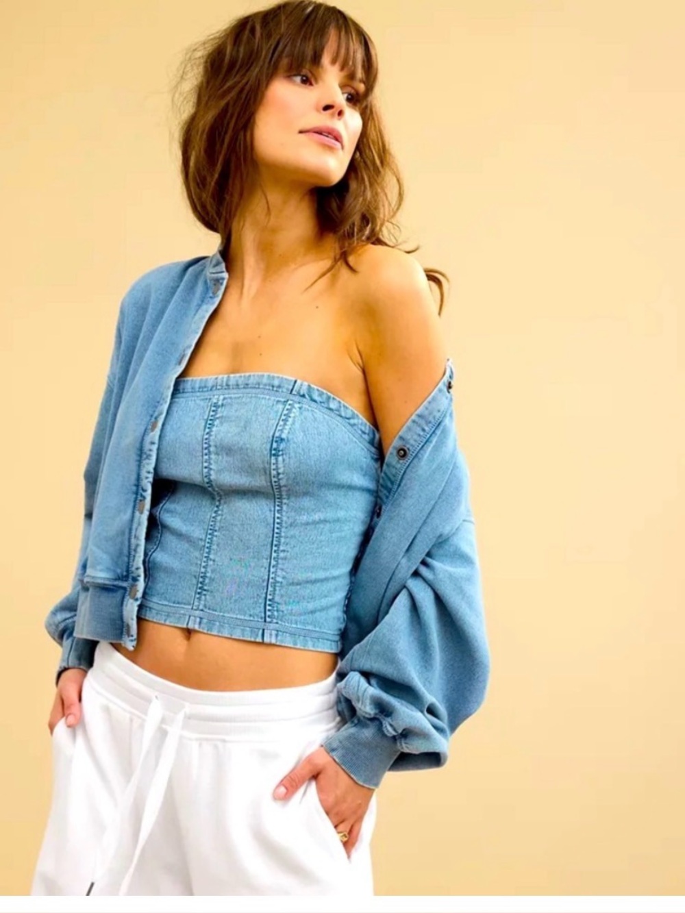 aerie Light Blue Denim Strapless Crop Top